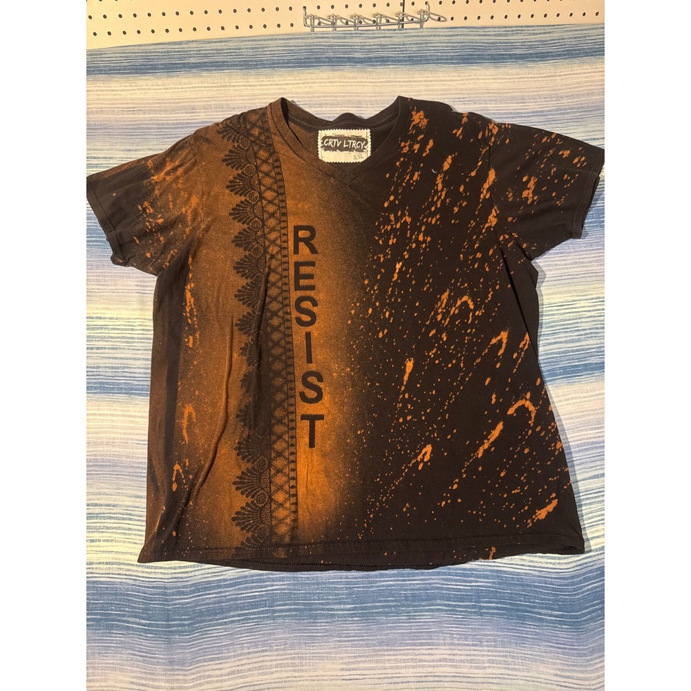 Upcycled Bleach Dye Resist Graphic Tee Black Orange Lace Stencil Mens 2XL